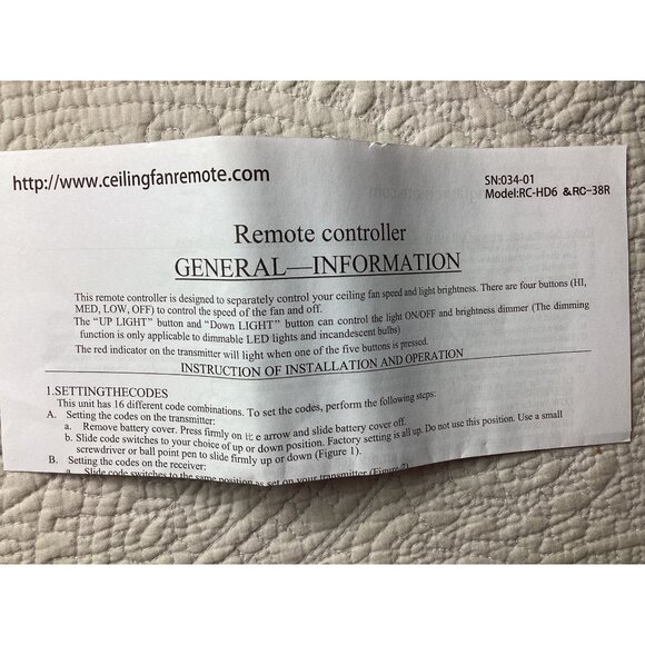 Ceiling Fan Remote Control Kit*Receiver*Model R28-2L*Speed*Light Control*NWB - Picture 2 of 5